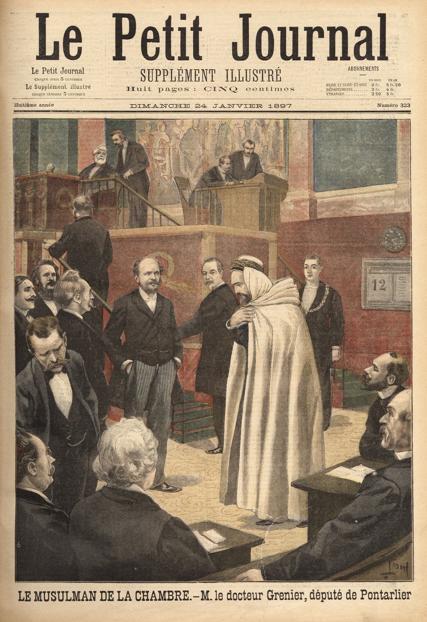 Dr. Grenier, a depute of Pontarlier, recently converted to Islam, creates a scandal by going to the deputes room wearing the Arab costume. Engraving in 