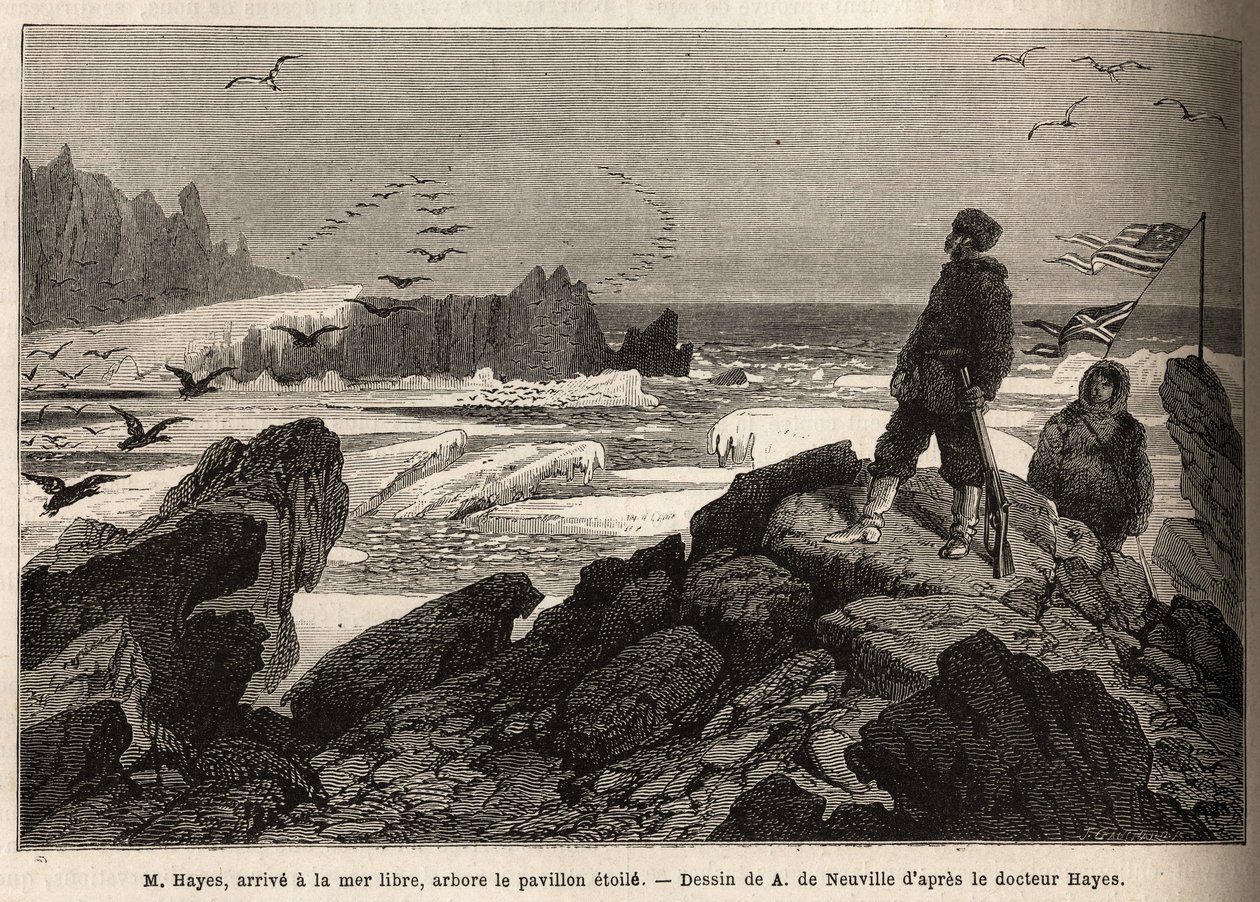 Dr. Hayes, arrives at the free sea of the Arctic pole, the purpose of his expedition, plants the American star banner. Engraving to illustrate the voyage to the free sea of the Arctic pole, by Doctor Hayes, surgeon of the United States Navy, in 1860-1862 by Unknown artist