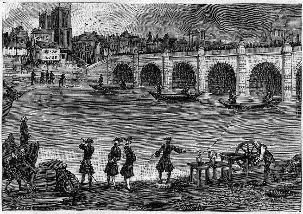 Electricity experiment performed by William Watson, English physicist, on the banks of the Thames in the 18th century. Engraving in 