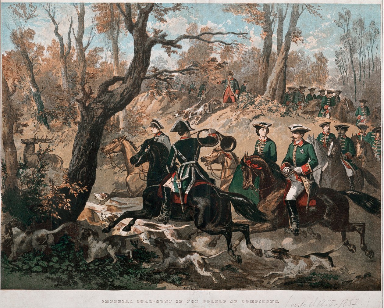 Emperor Napoleon III and his wife Eugenia de Montijo walking through the forest of Compiegne. Lithography in color around 1855. Milan Museo del Risorgimento by Unknown artist