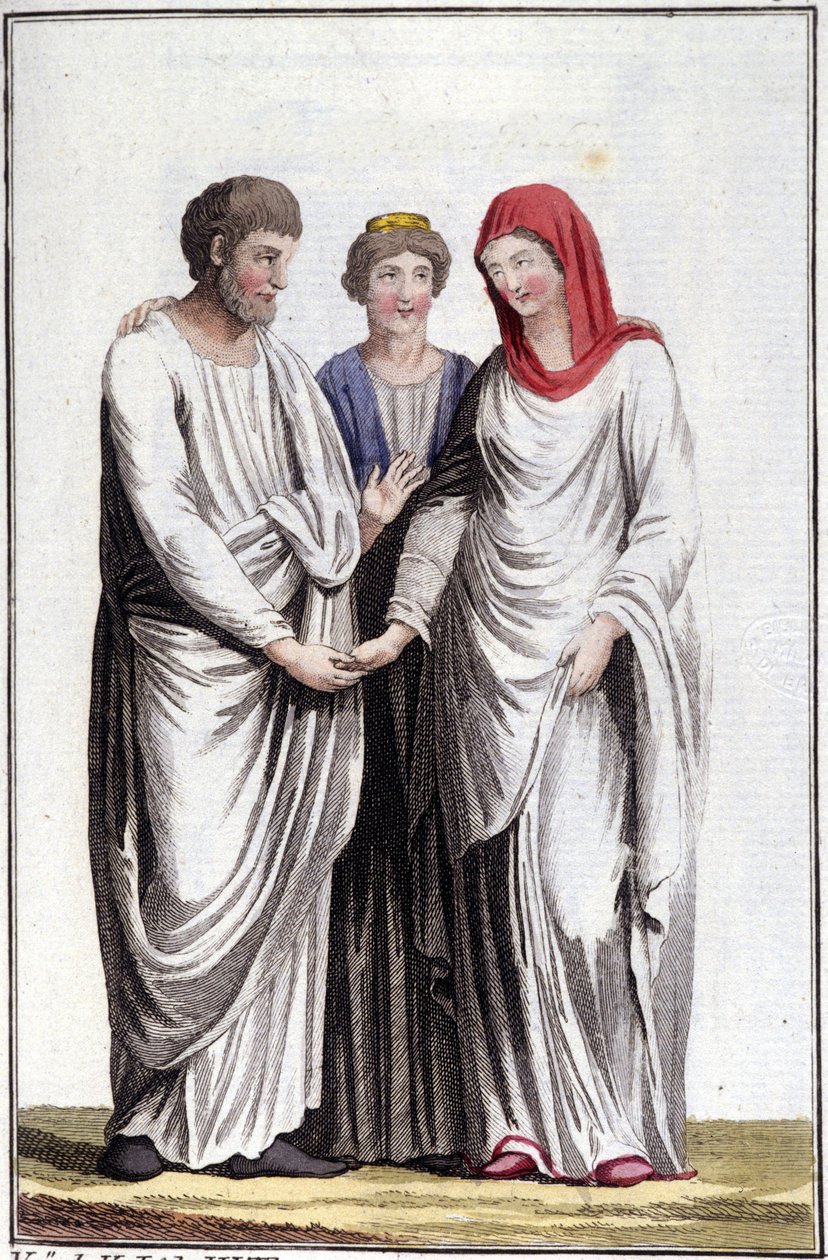 Engagement or promise of marriage: dextrarum iunctio or union of straight hands. Engraving of the 19th century by Unknown artist