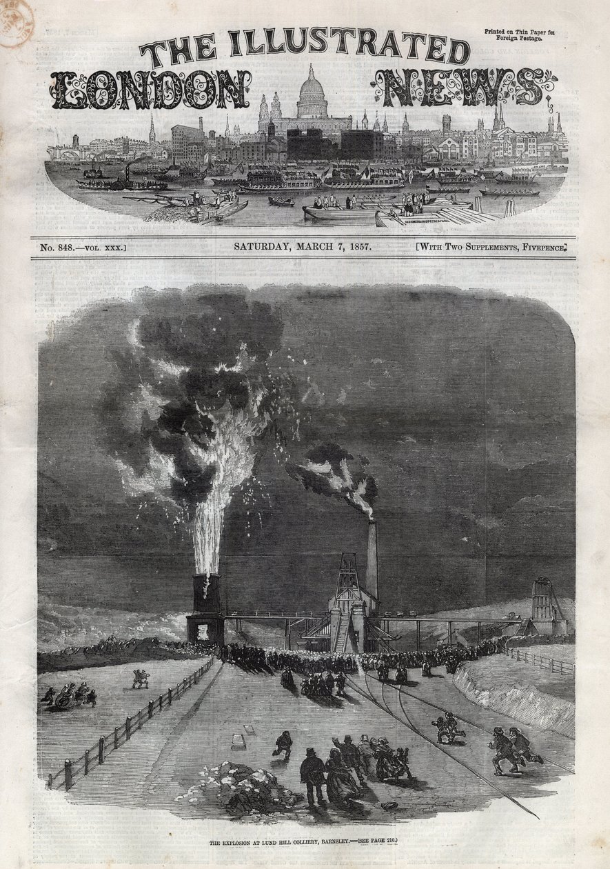 Explosion at the Lund Hill coal mine in Barnsley, England. Engraving in 