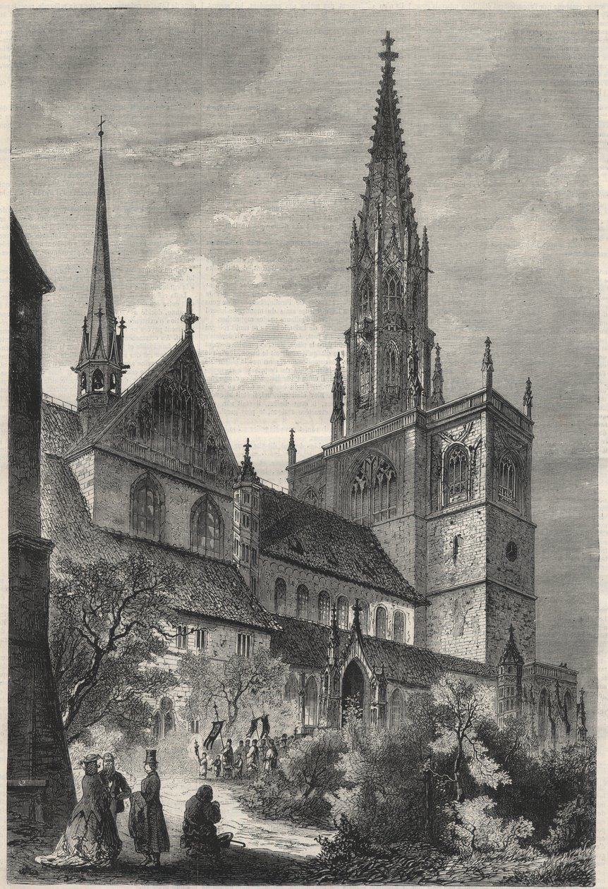 Exterior view of the Notre Dame Cathedral in Constance, Germany. Engraving in 