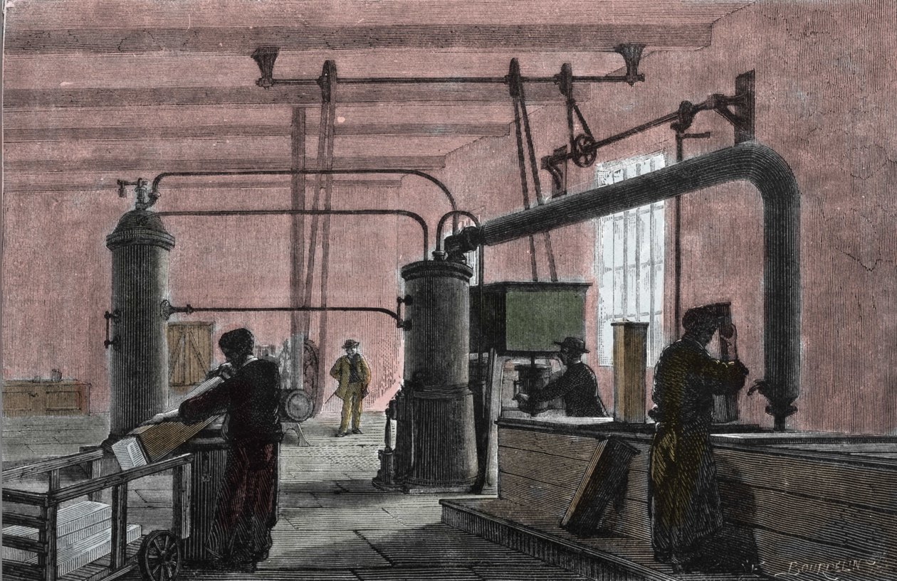 Factory for the manufacture of ice with the system of Ferdinand Carre (1824-1894). Engraving of the 19th century by Unknown artist