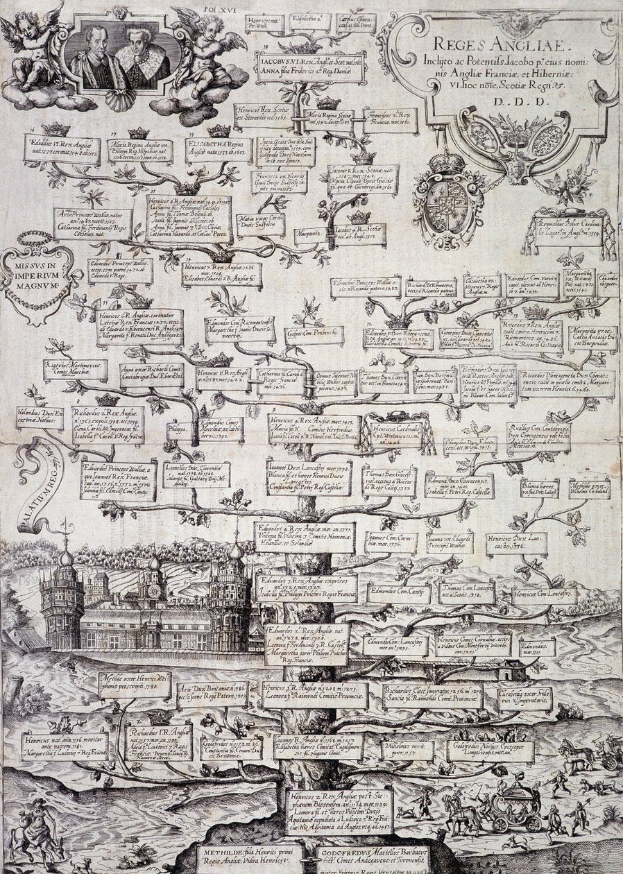 Family tree of the Royal Family of England from the 12th to the 17th century - engraving by Unknown artist