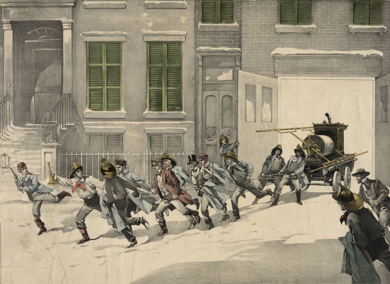 Fire Fighters Depart Emergency Calls at the Fire Site, Watercolor of 1895. USA by Unknown artist