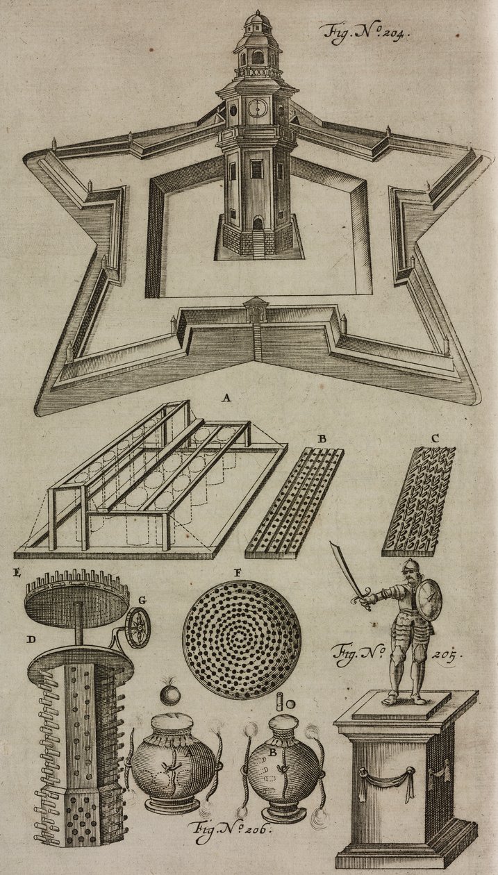 Fireworks Launch Tower, Pyrotechnic Display Machines, Engraving from Grand Art of Artillery by Casimir Siemienowicz by Unknown artist