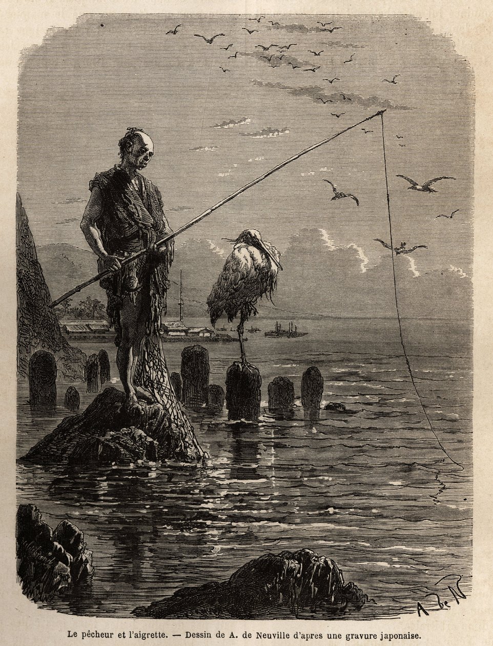 Fisherman of Yedo Bay (or Edo, present-day Tokyo), grabbed by an eagle, a low tide, the boats lay the fishermen on blocks of stone laid dry in the bay, the latter remain straight, motionless and fish with the hook of the fish that they slide in a long line by Unknown artist