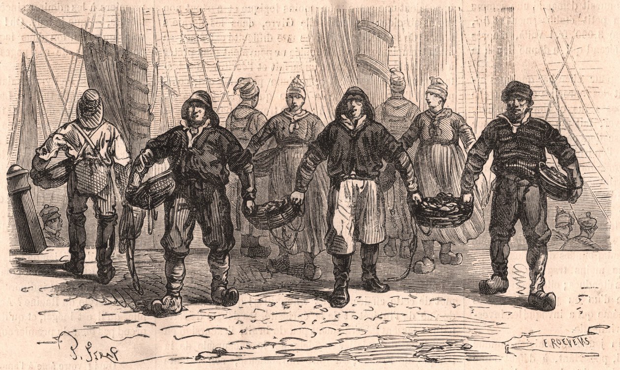 Fishermen with baskets full of fish on the quay of the port of Trouville, France by Unknown