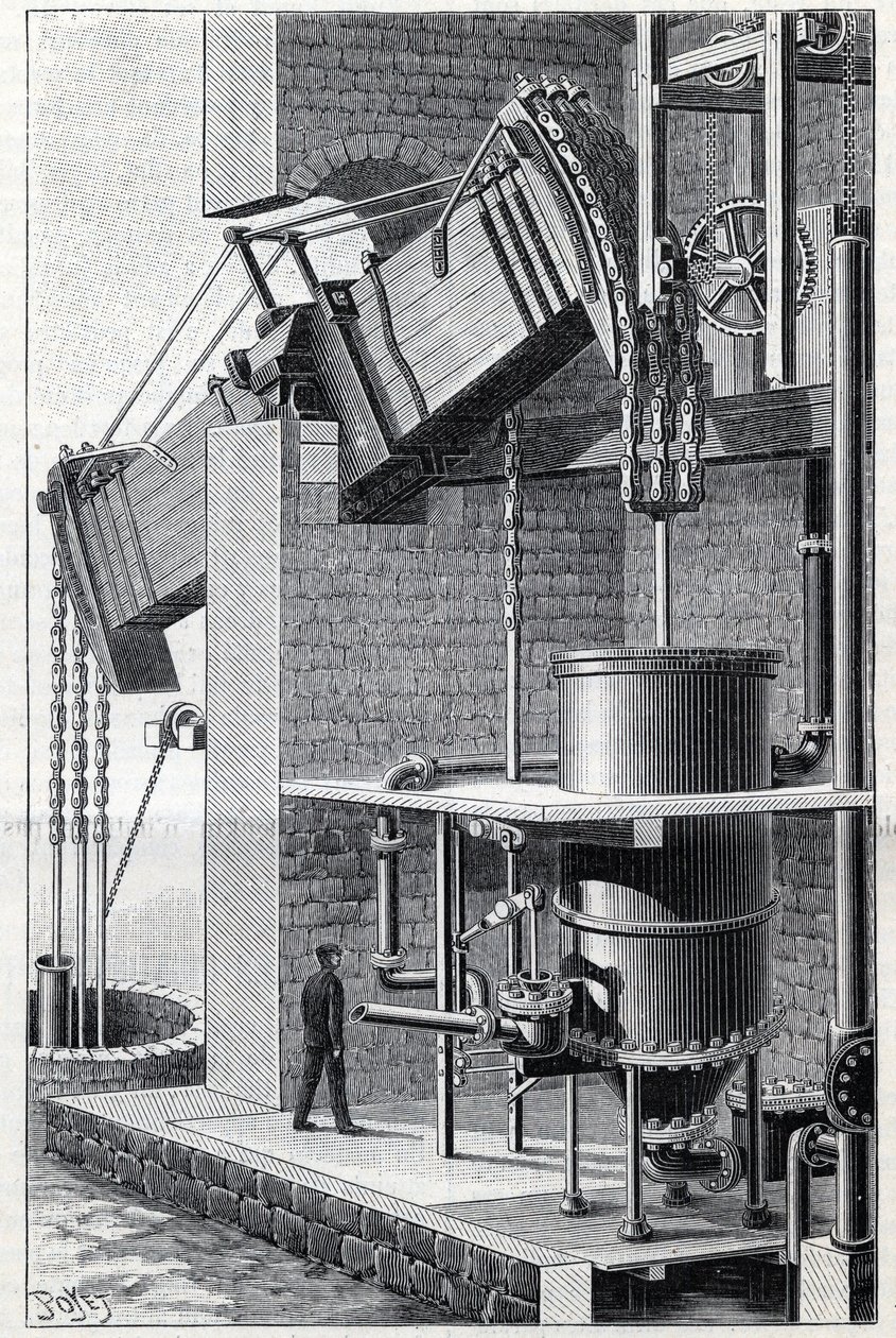 Former steam machine of Thomas Newcomen currently operating near Bristol in England. Engraving in 