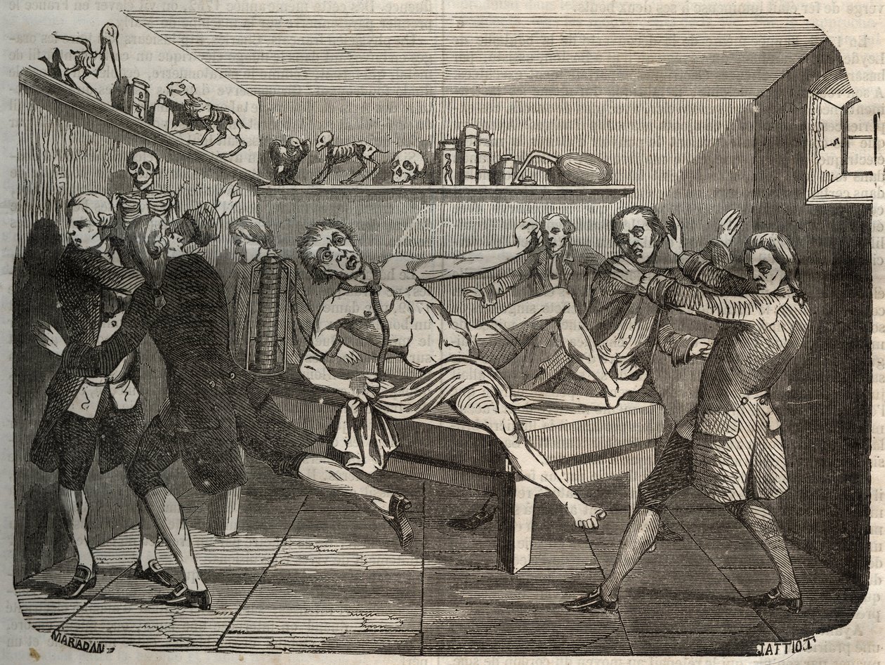 Galvanization of the corpse of a hangman with the pile of Alessandro Volta: under the influence of electricity, the corpse seems to come back to life. Engraving from 1856 in Le Musee Des Sciences by Unknown artist