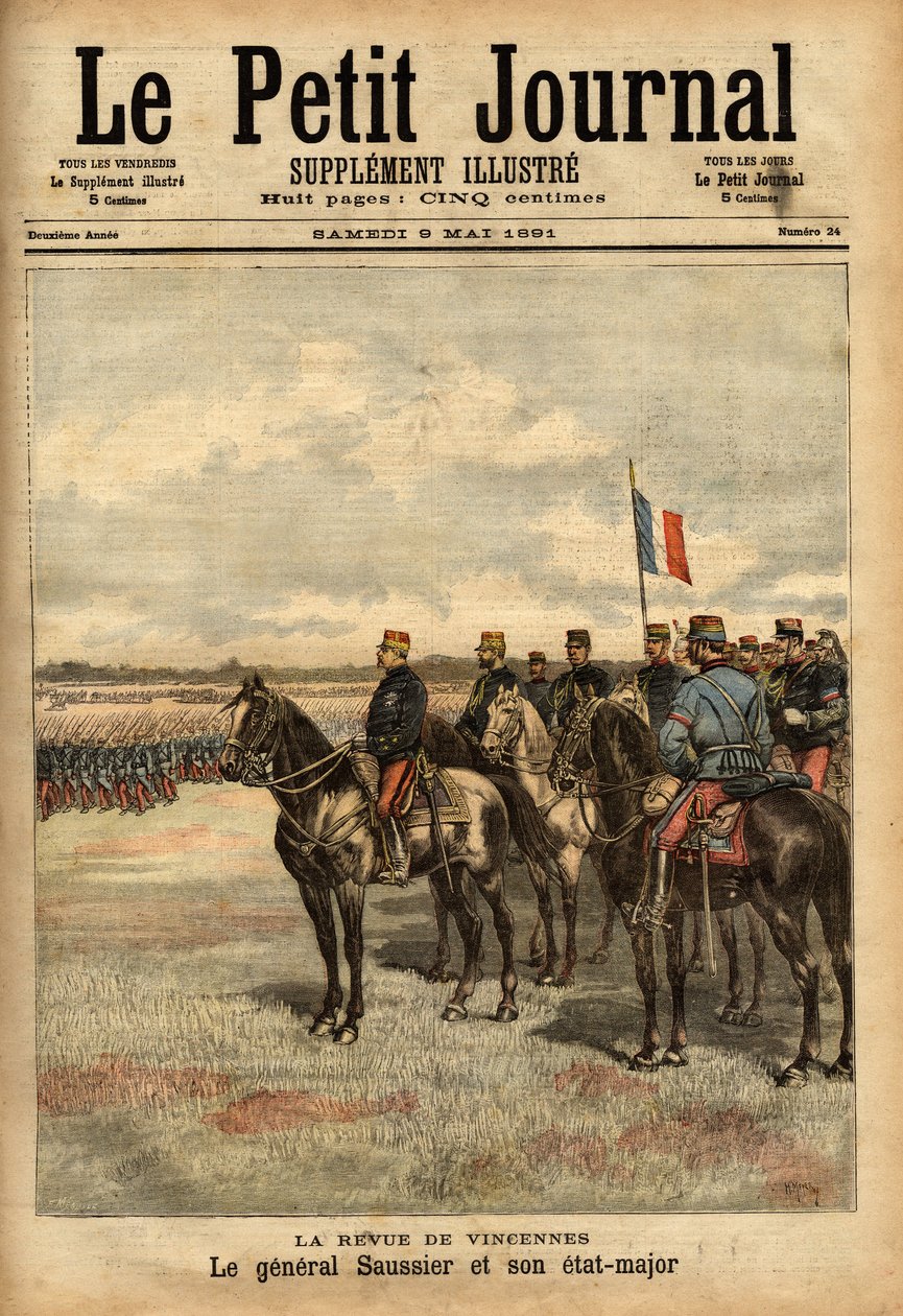 General Felix Gustave (Felix-Gustave) Saussier (1828-1905) and his staff reviewed the troops at Vincennes. Engraving in 