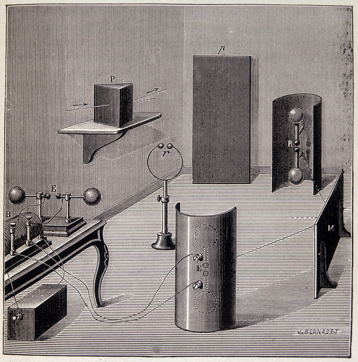 General layout of the experiments of Heinrich Hertz (1857-1894) on electric waves - in 