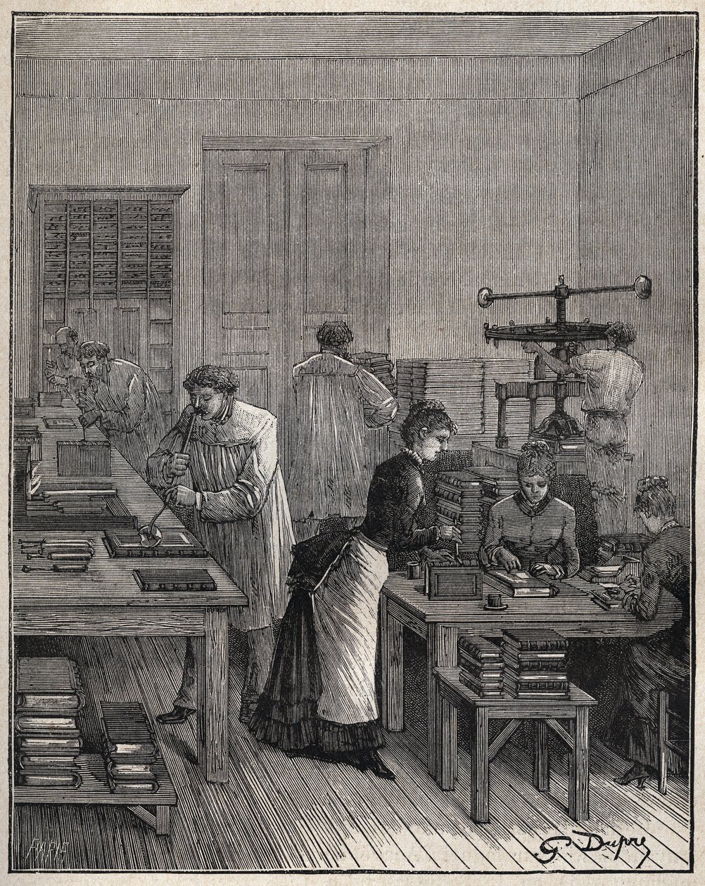 Gilding of books in iron in a workshop in France in the 19th century. Engraving from 1885 in 