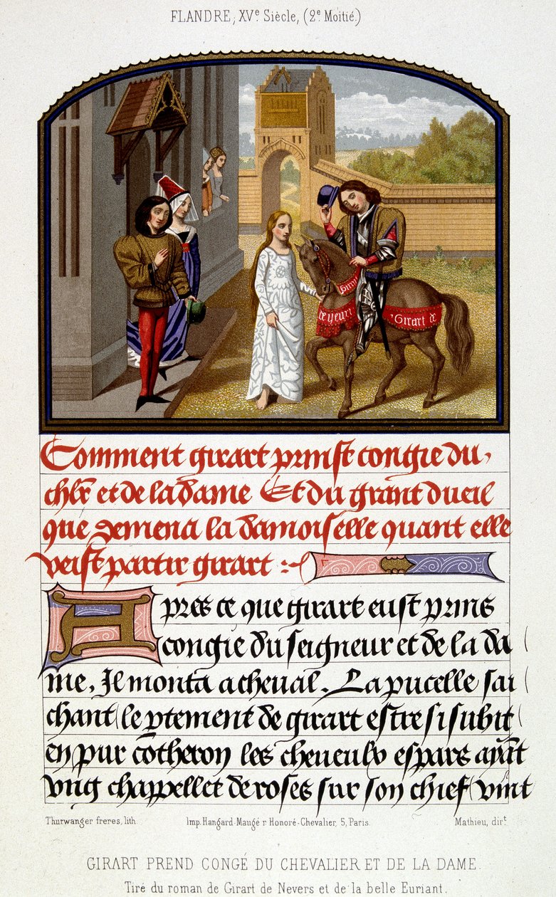 Girart takes leave of the knight and the lady - facsimile of illumination of the 15th century by Unknown artist
