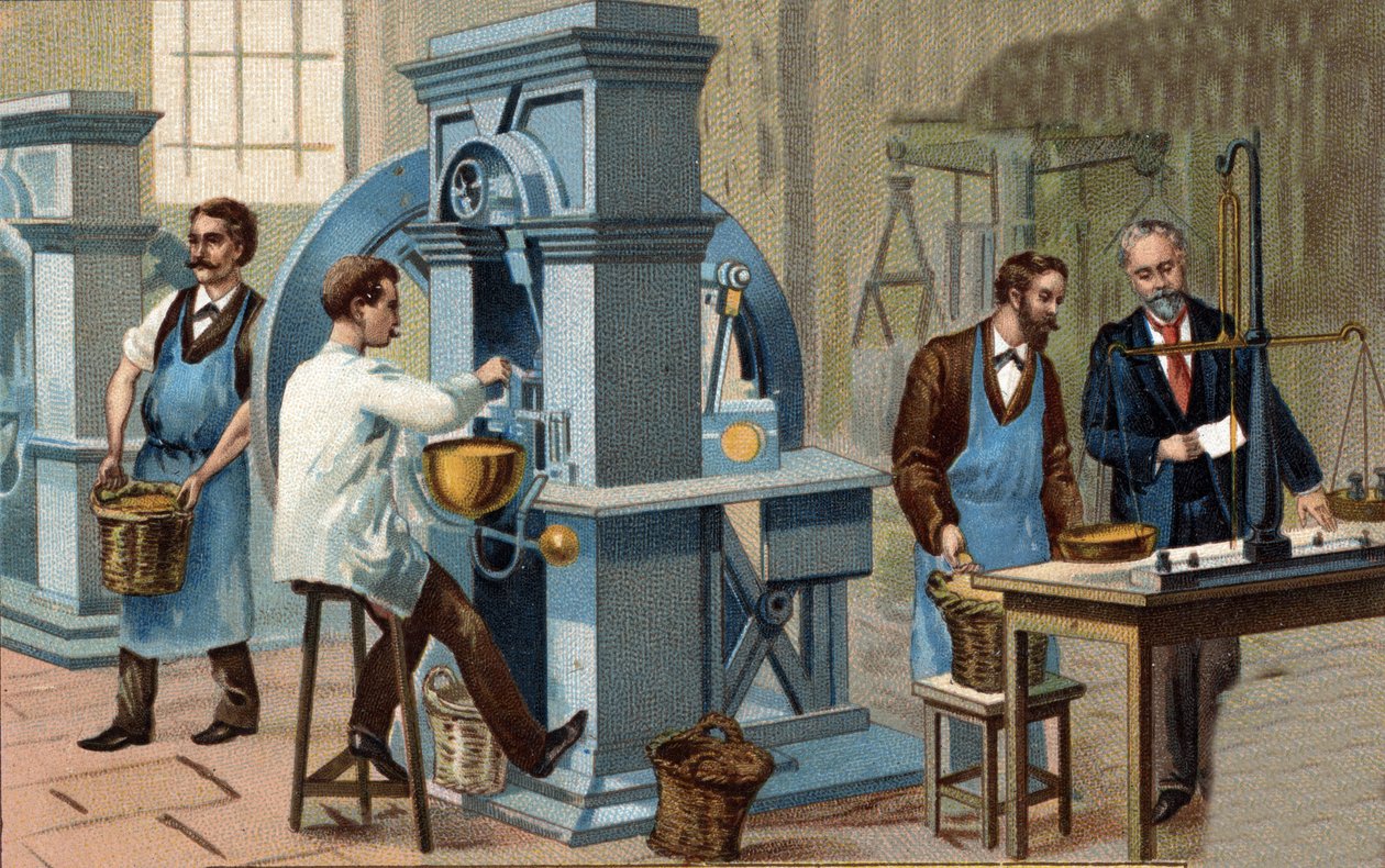 Gold Mining. Coin Minting and Verification Workshop. Chromolithography of the Late 19th Century by Unknown artist