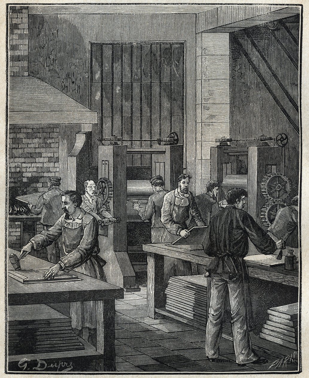 Goldsmith: preparation of the plate, preparation of the metal for the execution of a special silverware. Engraving from 1885 in 