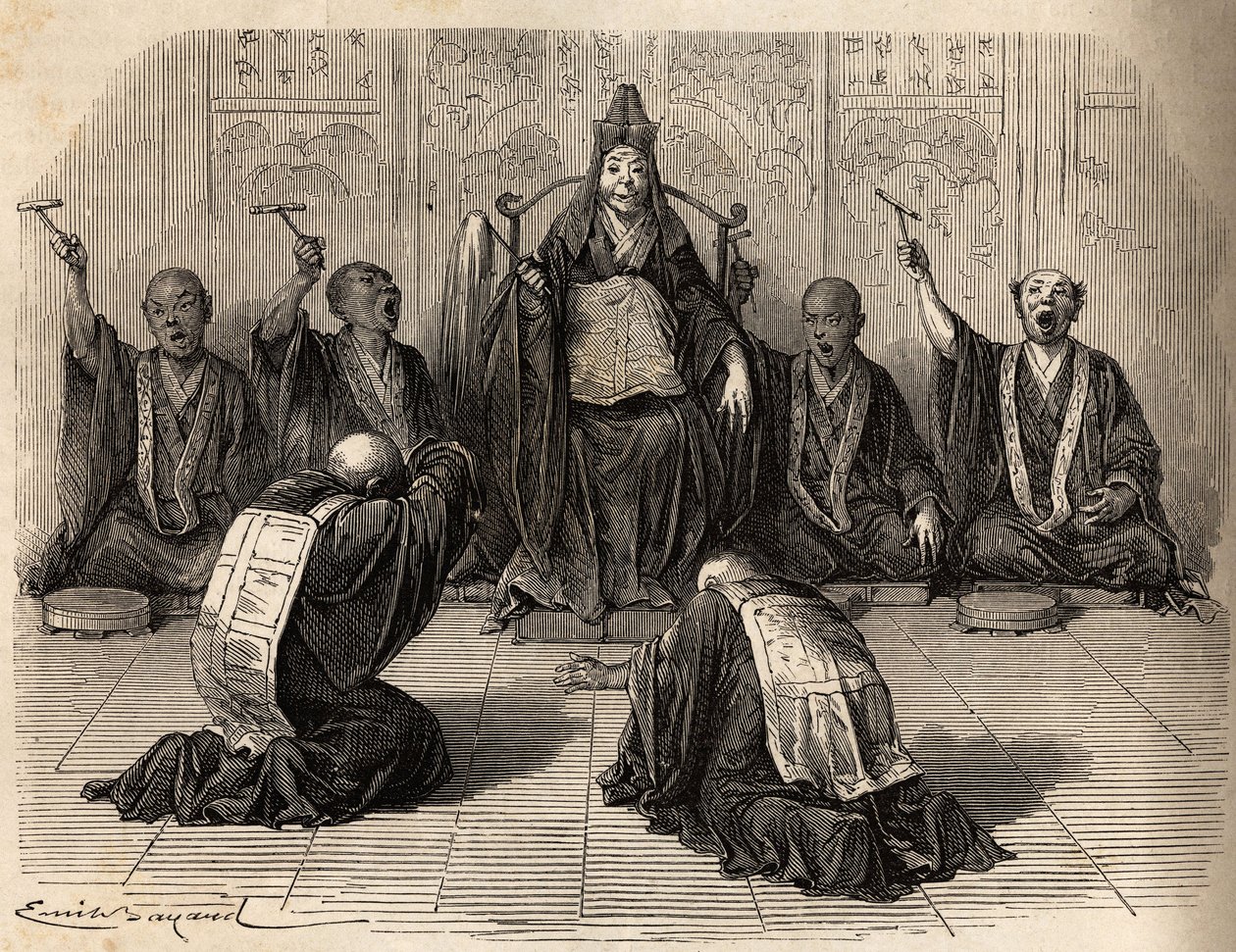 High Buddhist priest being adored, surrounded by his disciples rhythming the ritual with gong and cymbals. Engraving to illustrate the voyage to Japan in 1863-1864, by Aime Humbert, minister of the Swiss Confederation, in Le tour du monde, nouveau journal by Unknown artist