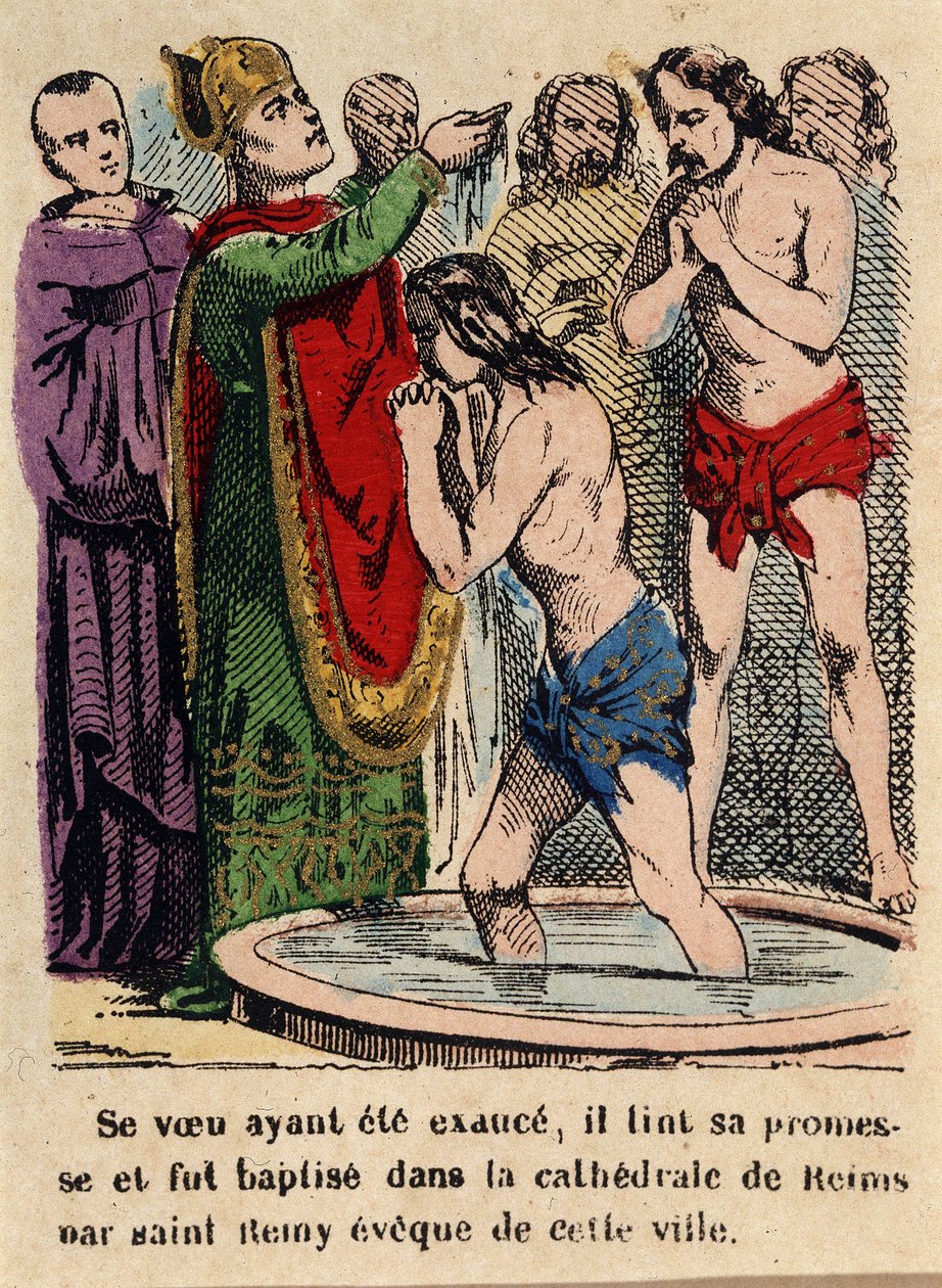 His vow had been fulfilled, Clovis was baptized in the cathedral of Reims by Saint Rémi, bishop of the city by Unknown artist