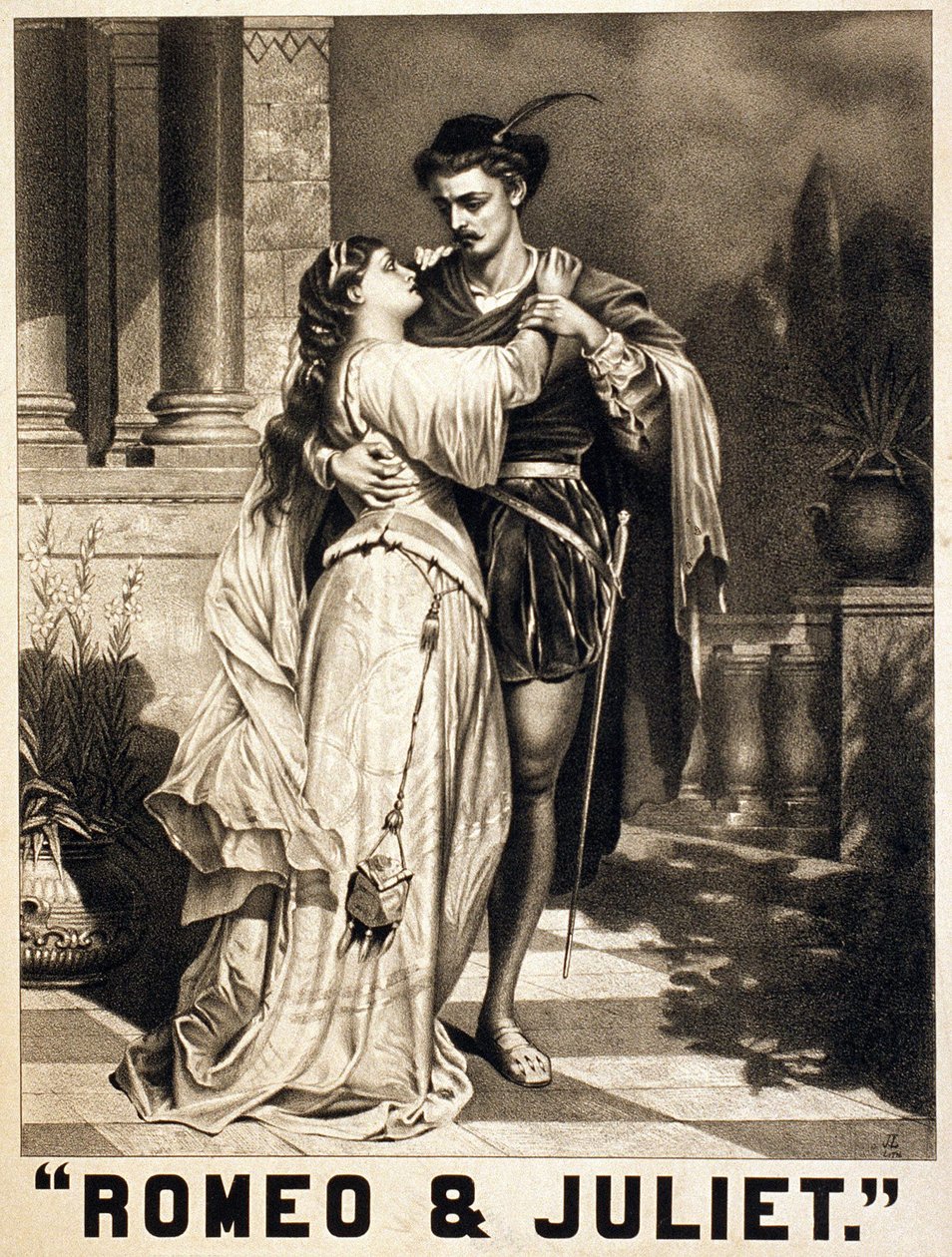 Illustration on Romeo and Juliet by Shakespeare. Lithography, circa 1880