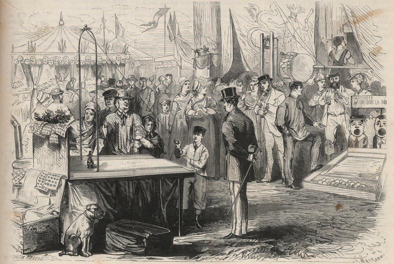Imperial Prince Eugene Louis Joseph at the feast of Fontainebleau. He tries to decoify a puppet with the help of a ball hanging from a string. Engraving in 