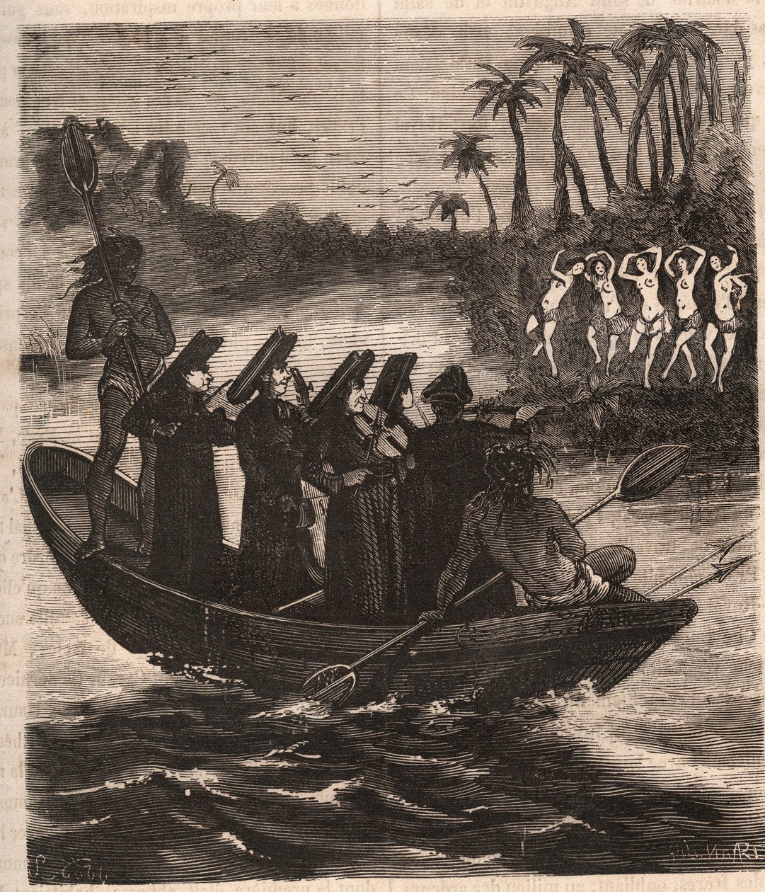 Jesuit missionaries arrive by boat among the Guarani Indians in Paraguay in 1553 - Engraving of 1879 in 