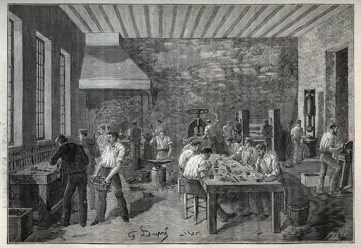 Jewellery: steel jewelry factory. Engraving from 1885 in 