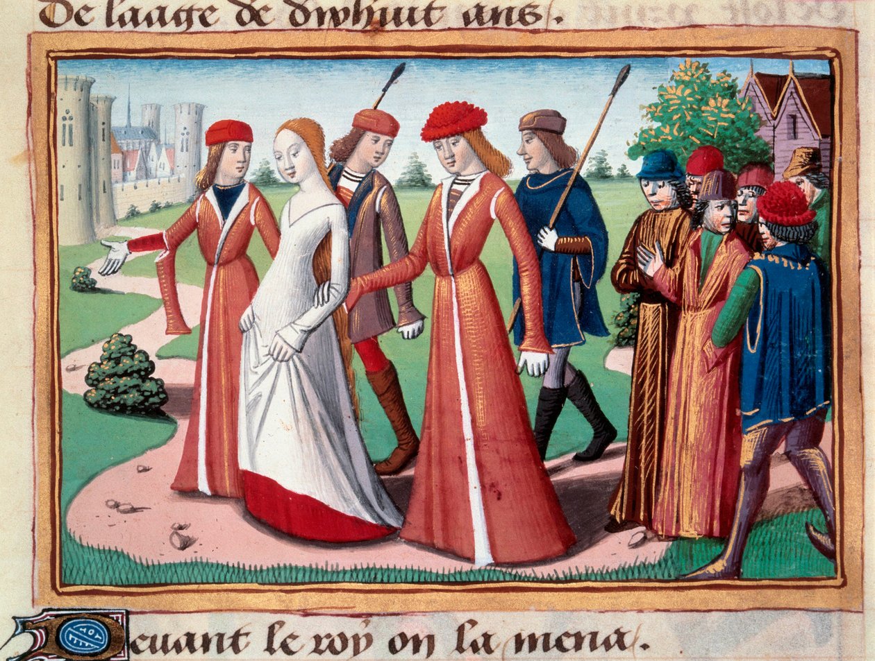 Joan of Arc (1412-1431) led near Charles VII by the Dolphin Court in Chinon. Miniature from the manuscript of 