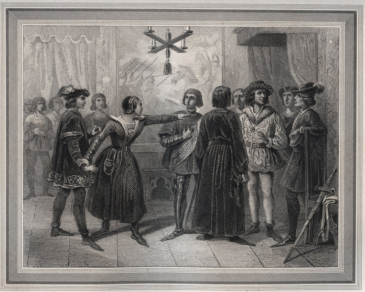 Joan of Arc, arrived at Chinon (1429) recognized in Charles VII, who was in the crowd of courtiers (engraving in 