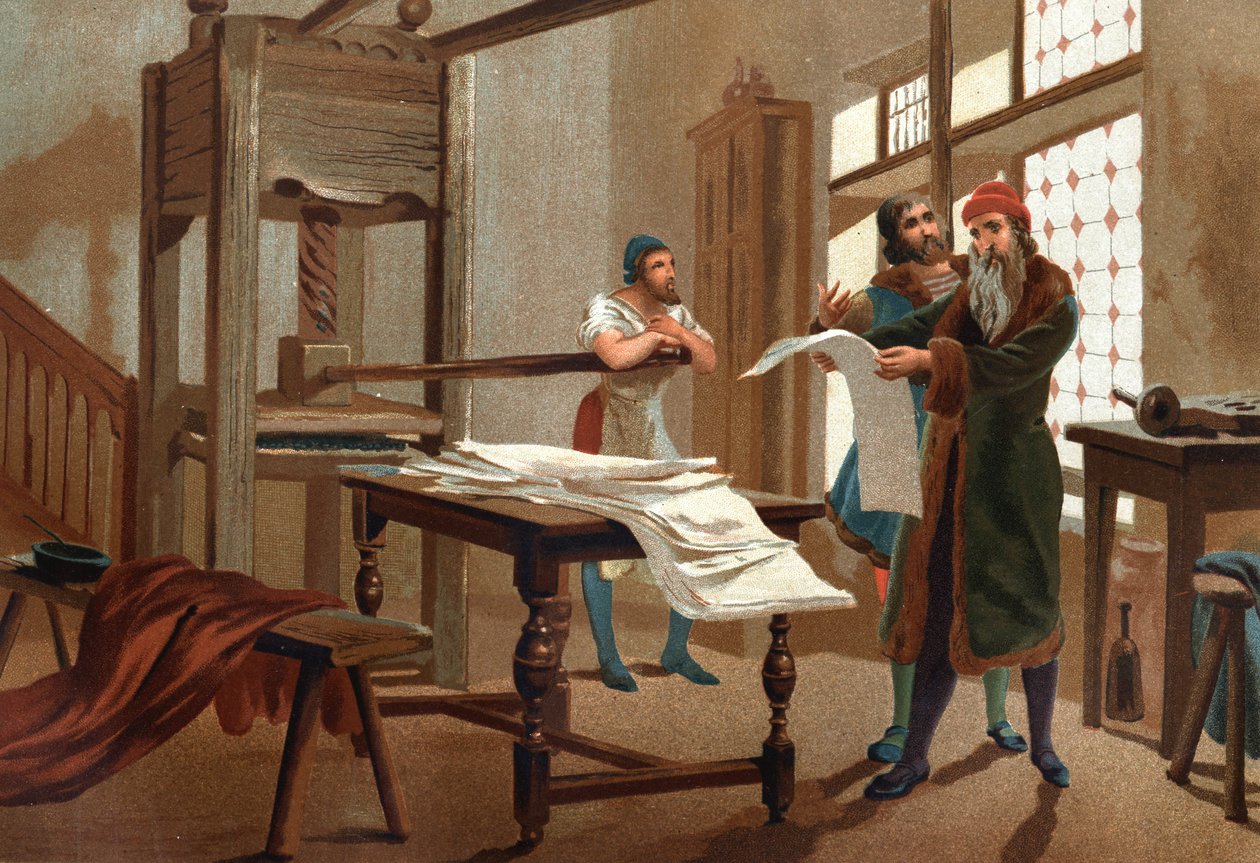 Portrait of Johannes Gutenberg (1400-1468), German printer, printing the first sheet of the Bible by Unknown artist