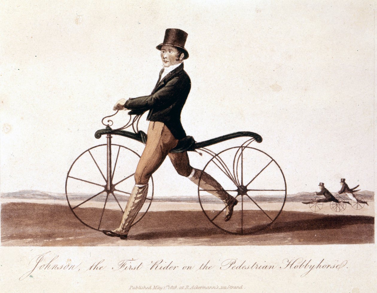 Johnson on a bicycle. This is the model invented by Baron von Drais the Draisienne. It was made of wood and there were no pedals yet. Color lithography of 1819
