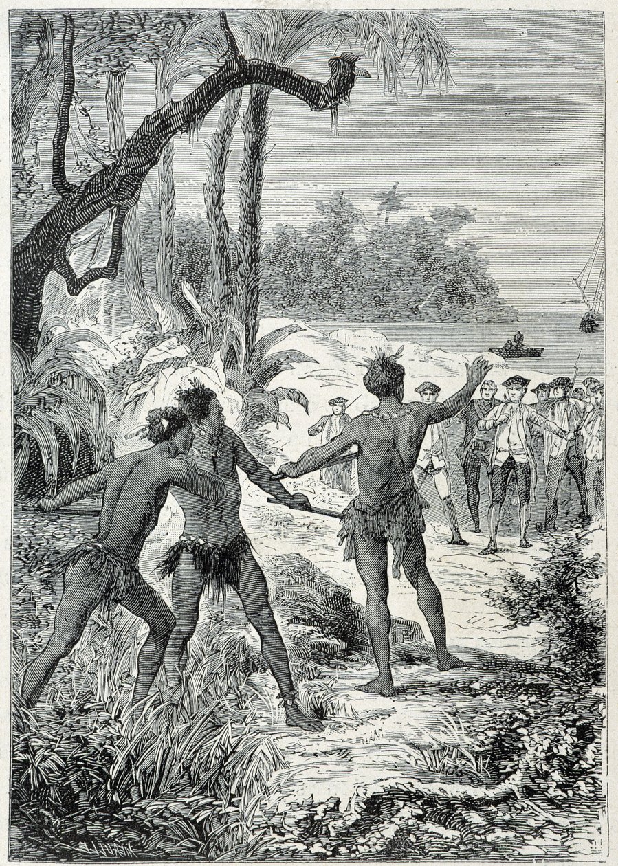 Journey of Captain James Cook (1728-1779) to New Guinea: The First Encounter with the Natives - Illustration from The Great Mariners of the 18th Century by Unknown artist