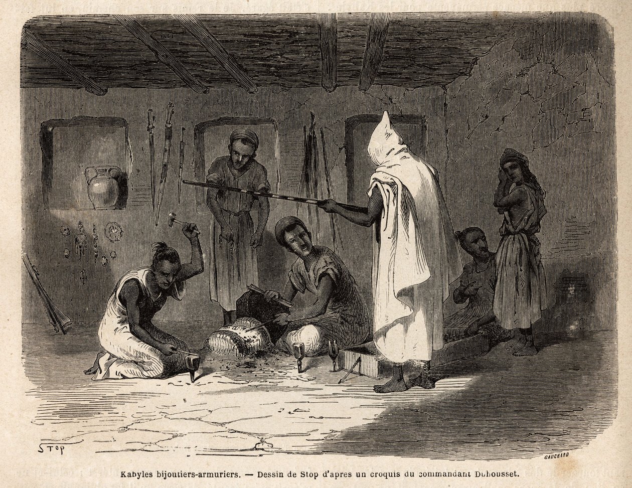 Kabyl artisans reputed for their skill in making jewelry and weapons (and formerly in counterfeit currency) in the Djura region (Algeria). Engraving to illustrate the excursion to the great Kabilie, between the Mediterranee and the Djurjura, in 1864, by th by Unknown artist