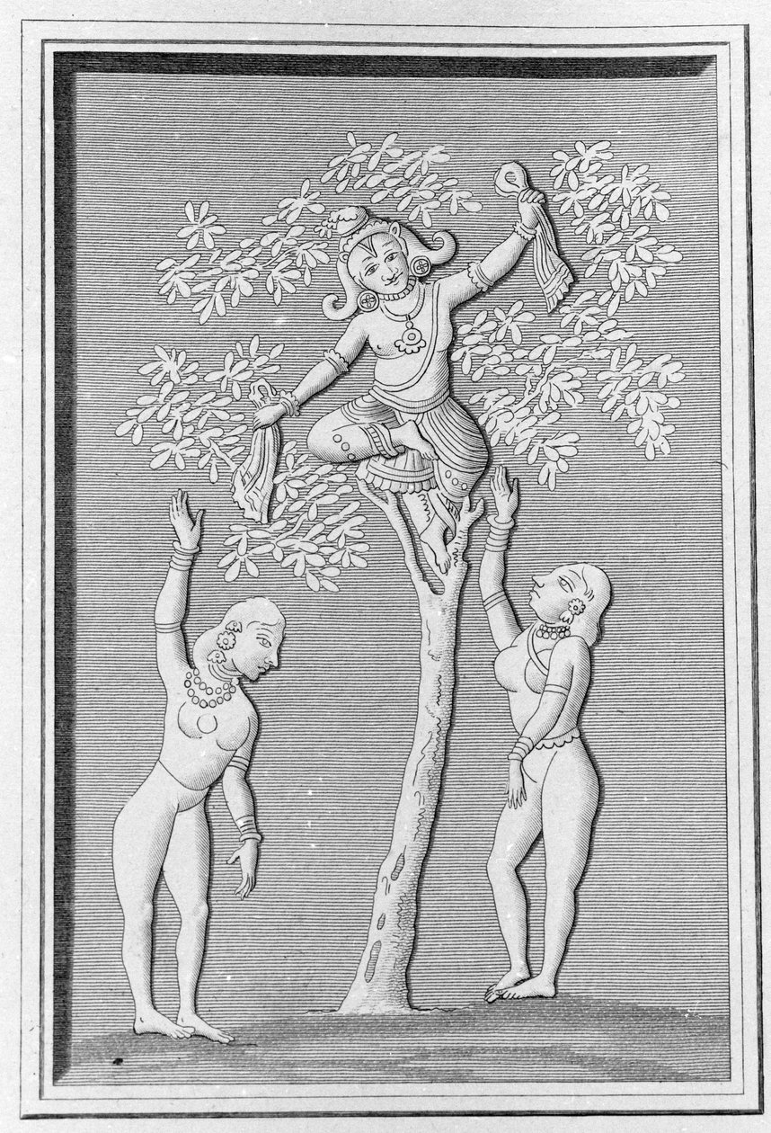 Krishna Flying with Two Gopis. Engraving in 