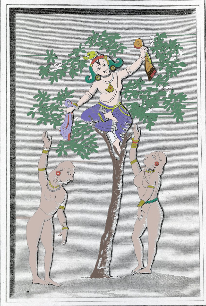 Krishnah stealing the dresses of two gopi. L. M. Langlès: 