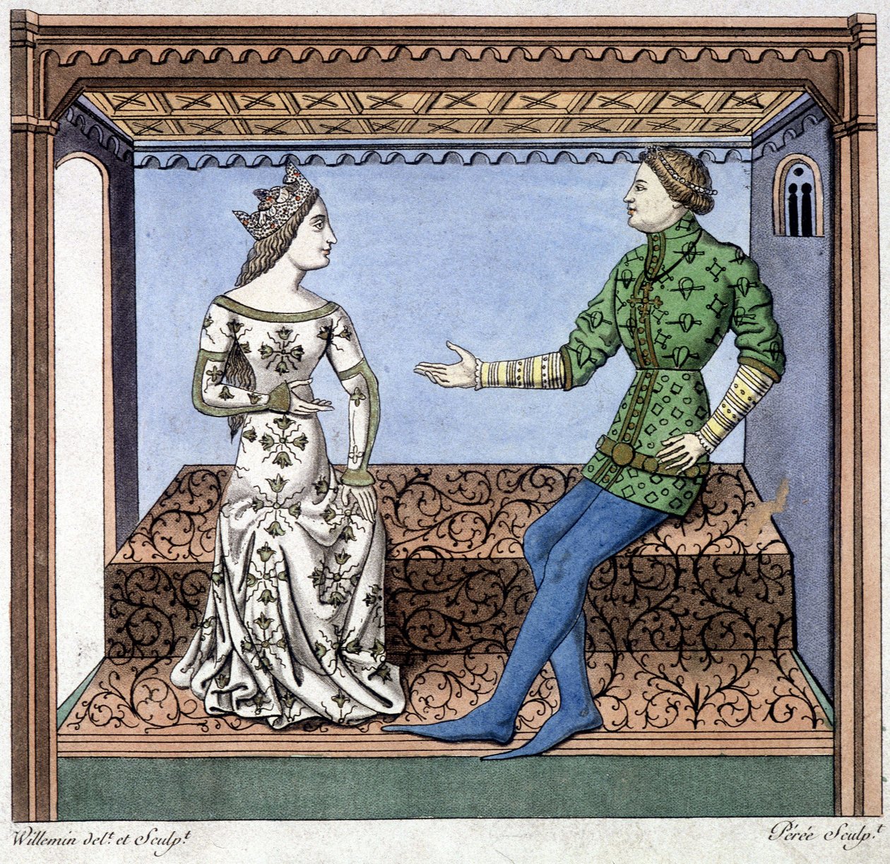 Lancelot and Guinevere in conversation - extract from Lancelot du lac, based on document from 1370 by Unknown artist