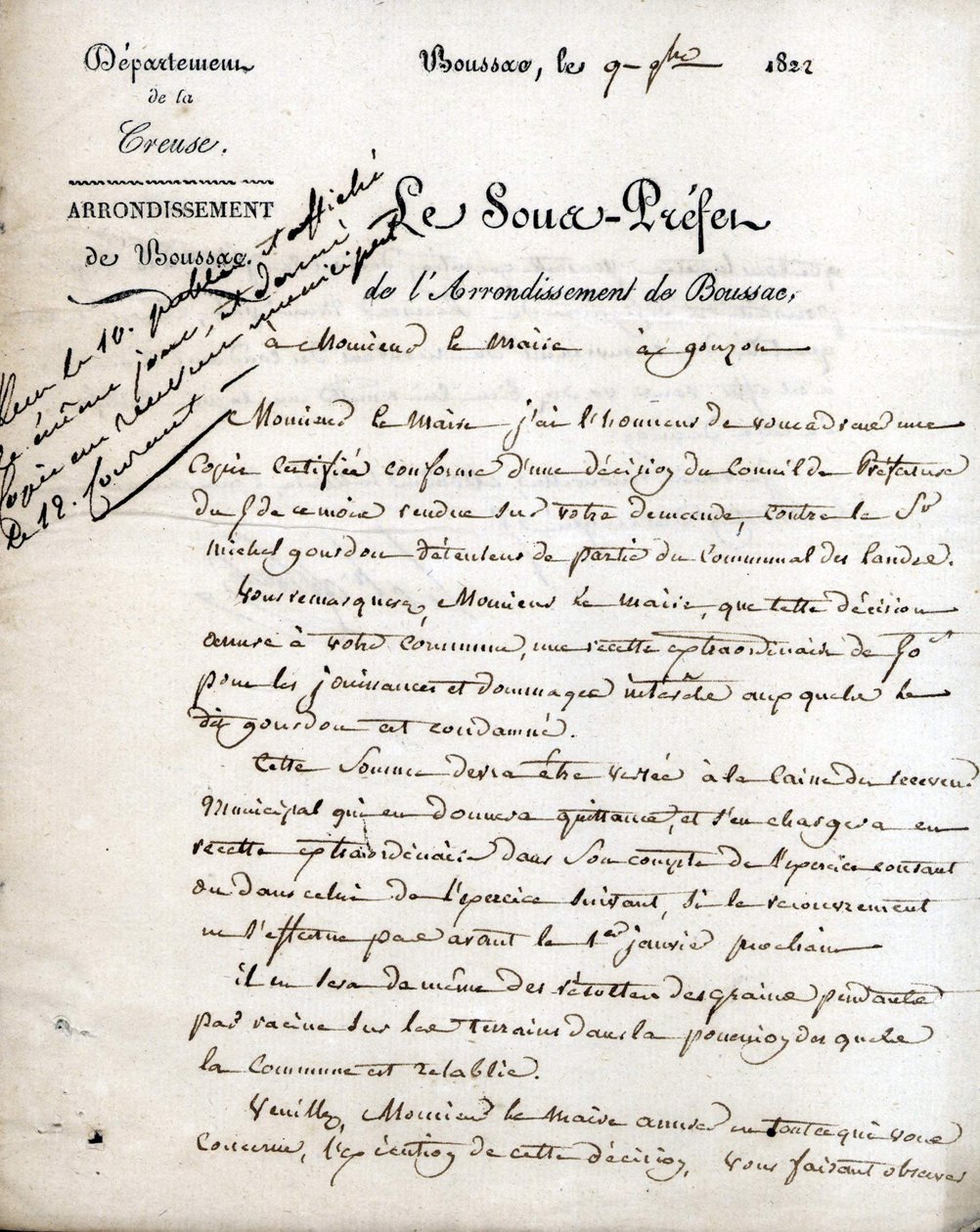Letter from the sub-prefect of the Creuse (arrondissement of Boussac) to the mayor of Gouzon, 9 September 1822 by Unknown artist