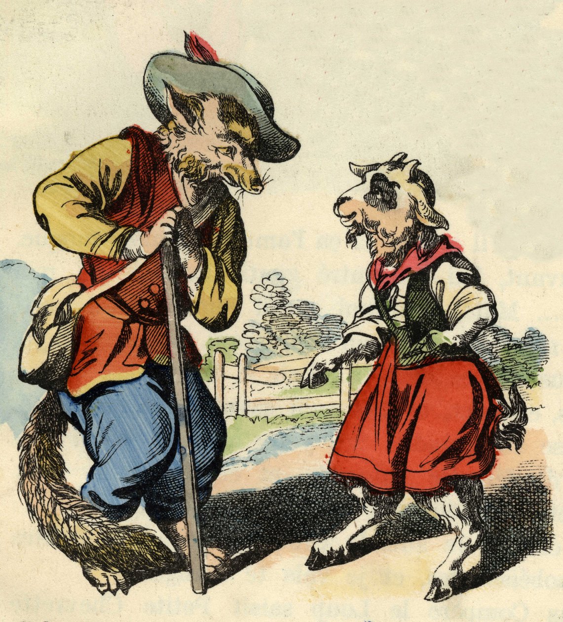 Little kid talks with Master Fox. Illustration of the tale 