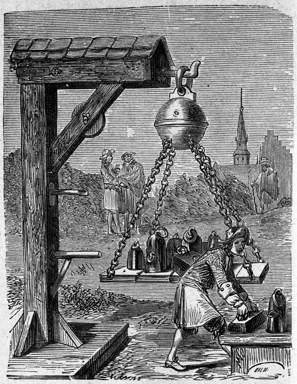 Loading of suspended Magdeburg hemispheres. Engraving from Ottonis de Guericke: Experimenta Nova Magdeburgica de vacuo spatio by Otto von Guericke by Unknown artist