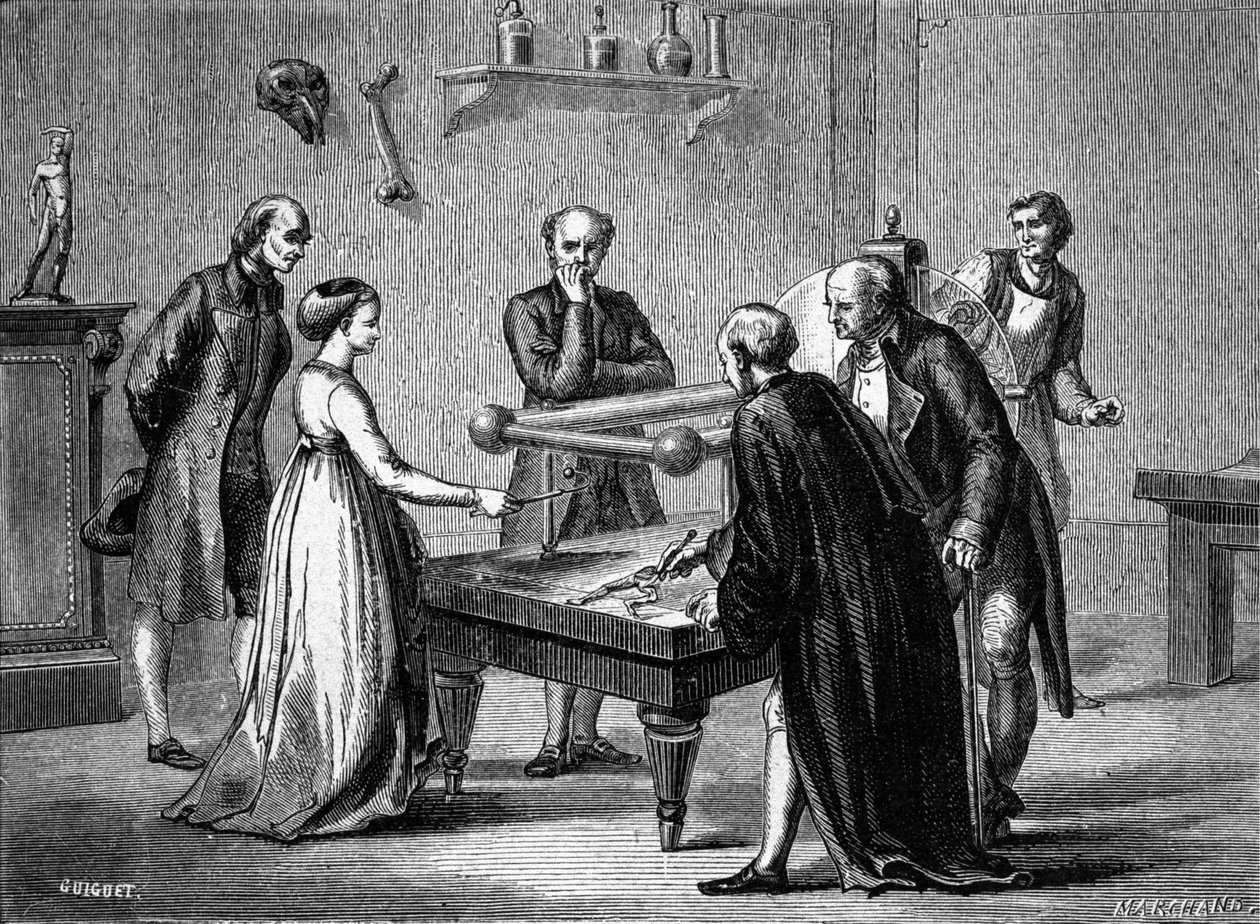 Luigi Galvani discovered in 1780 the irritability of frog muscles by electricity. Engraving of the 19th century by Unknown artist