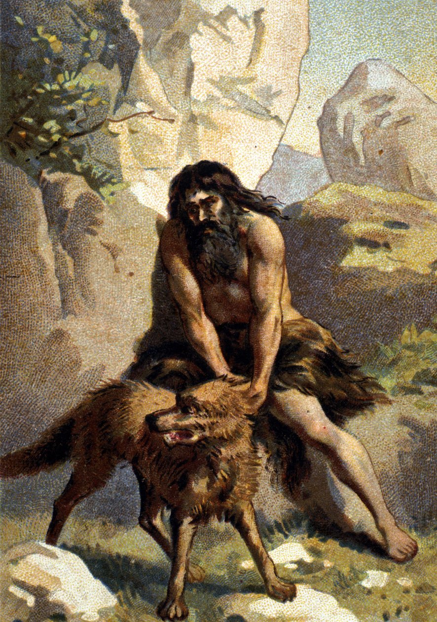 Lycanthropy: Delirium of the one who thinks he is transformed into a wolf. Chromo of the 19th century. by Unknown artist