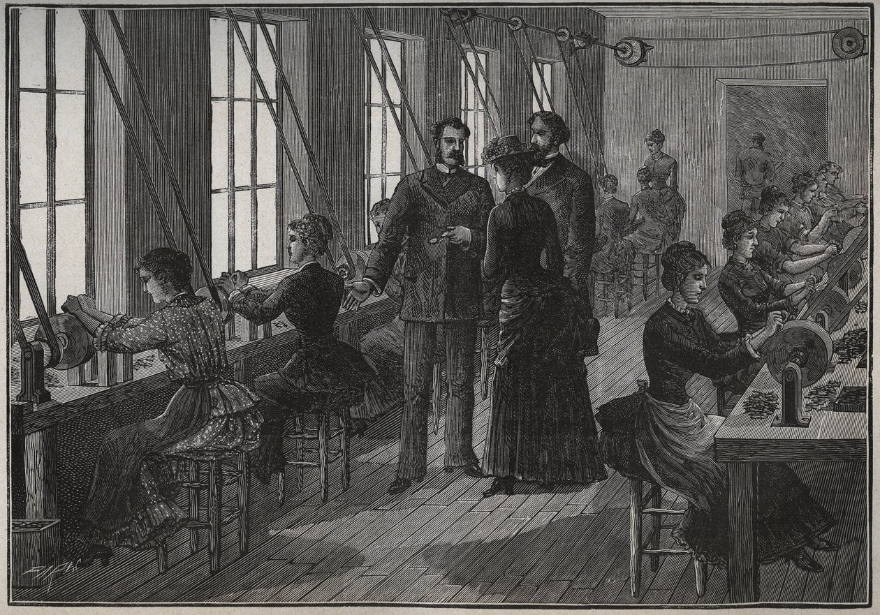 Manufacture of metal feathers: sharpening workshop in France in the 19th century. Engraving from 1885 in 