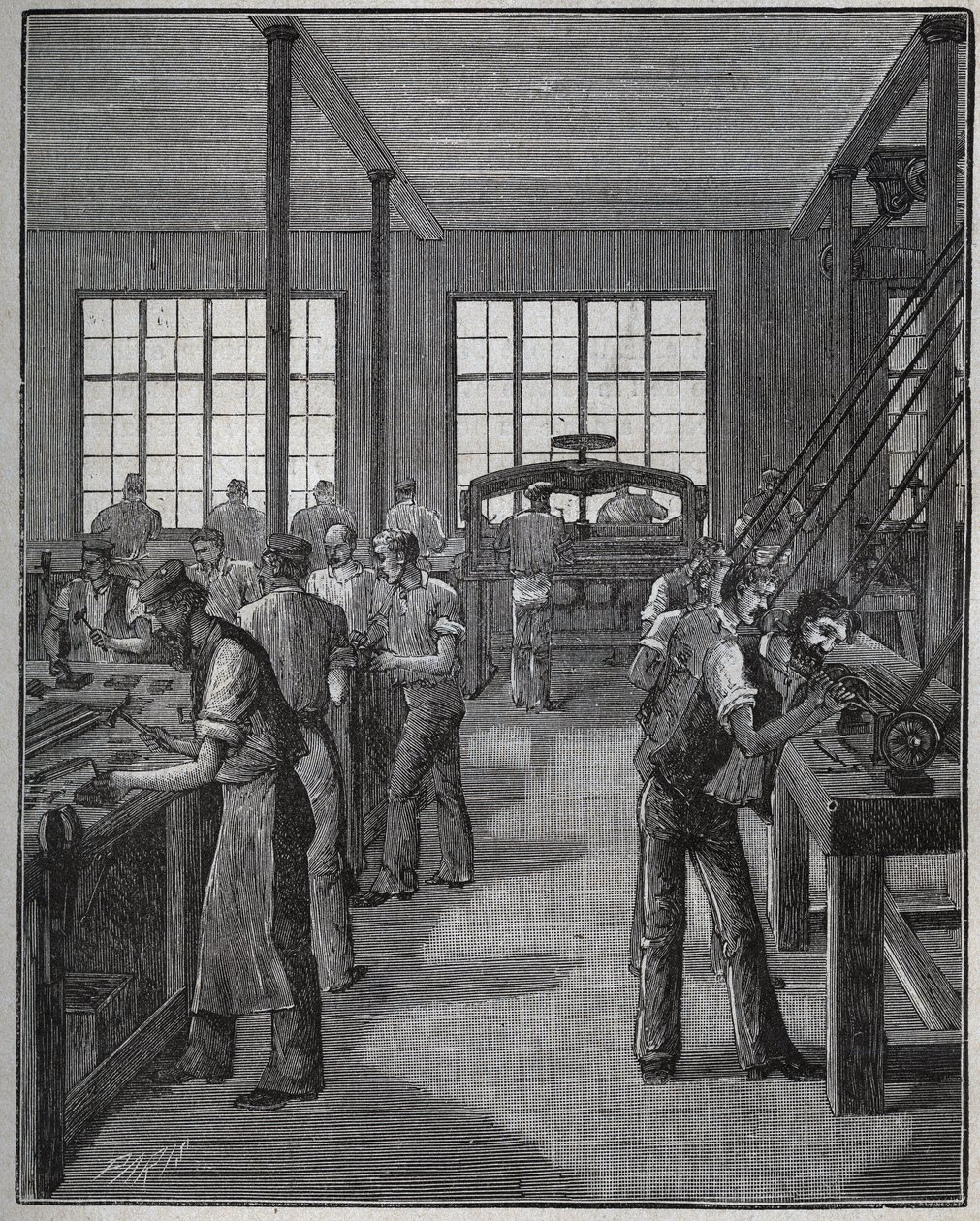 Manufacture of pen holder and pencil holder. Engraving from 1885 in 