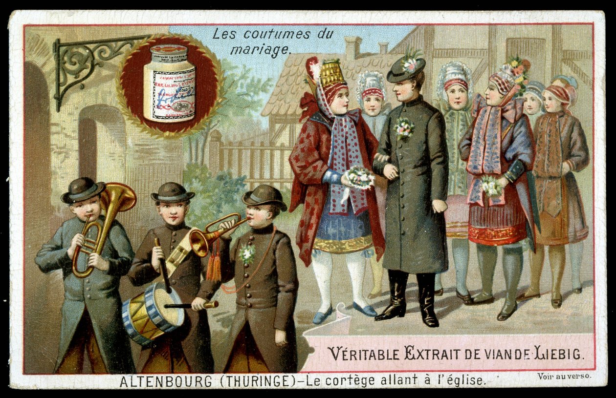 Marriage customs: the procession going to the church in Altenburg (Thuringia) - chromo. Liebig, v. 1895 by Unknown artist