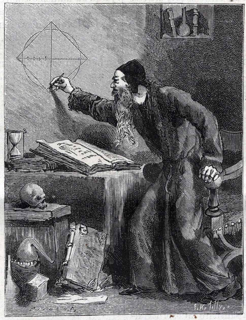 Mathematics and Geometry: Scientific researcher of the quadrature of the circle in the 16th century. Engraving in 