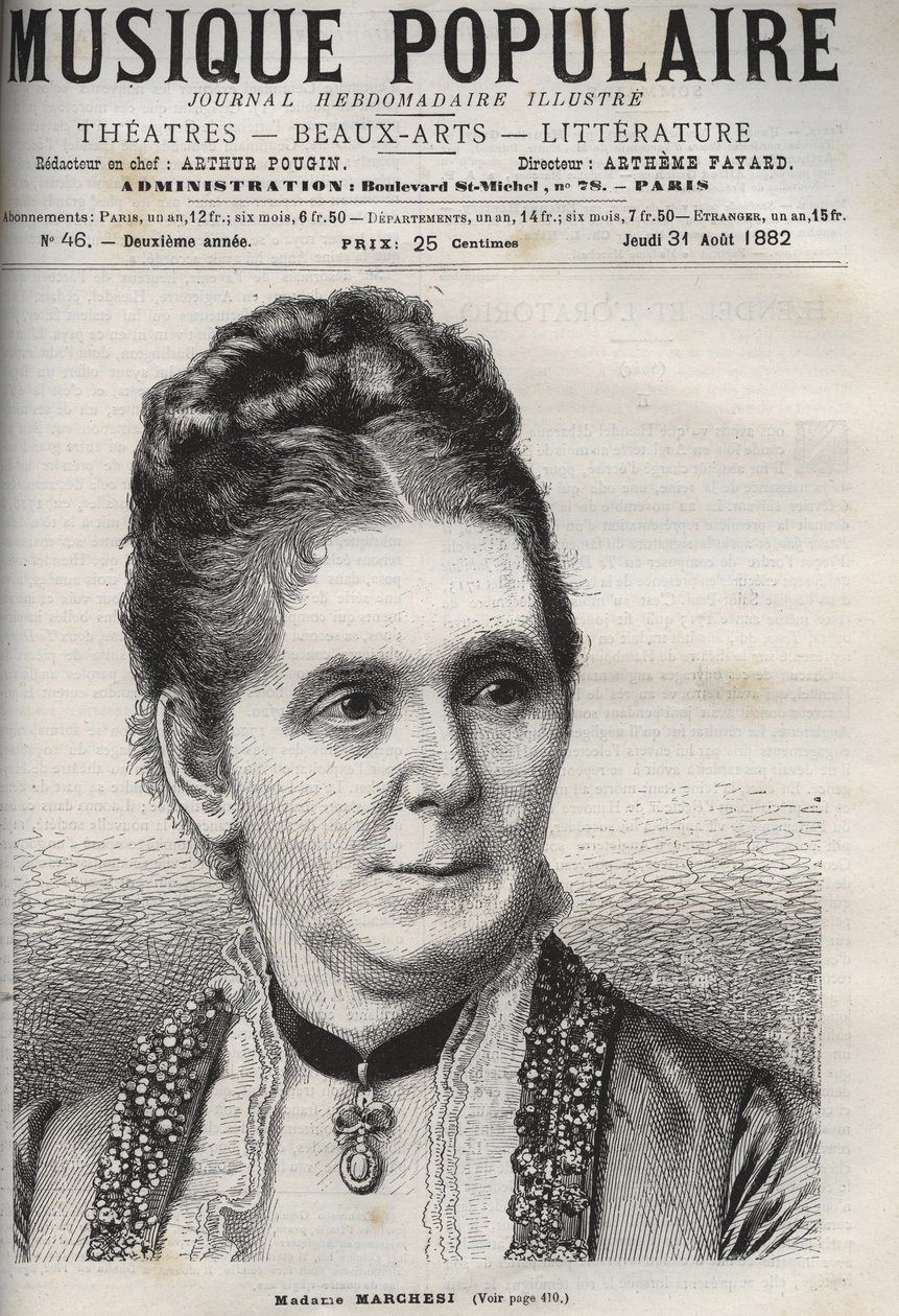 Mathilde Marchesi (1821-1913) German mezzo soprano - engraving in Popular music illustrious weekly newspaper - 1882 by Unknown artist
