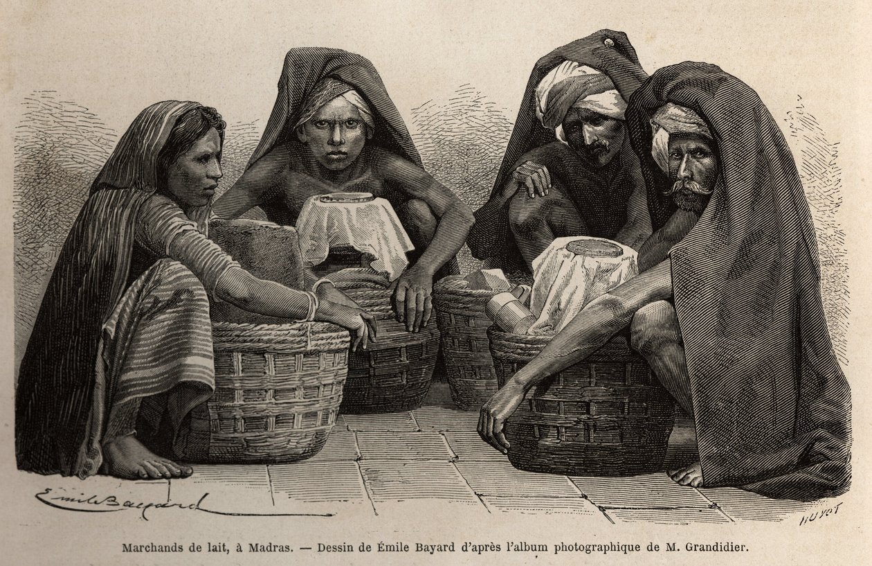 Milk merchants, in the streets of Madras (present-day Chennai, Tamil Nadu). Engraving to illustrate the voyage in the meridional provinces of India, by Alfred Grandidier, in 1862-1864, published in le tour du monde, under the direction of Edouard Charton by Unknown artist