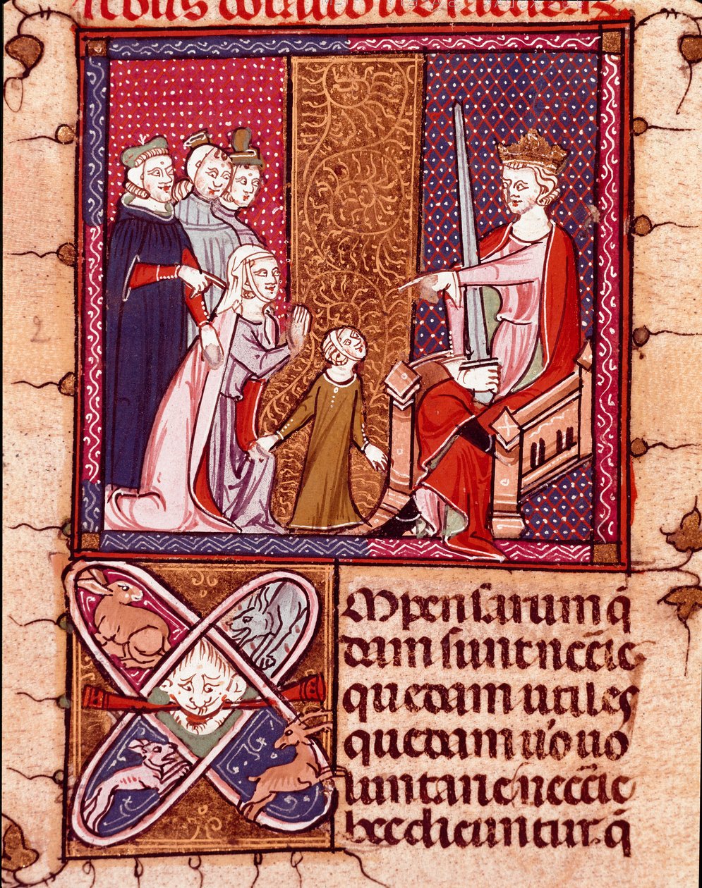Mother and child appearing before a king, representative of Justice. Miniature from 