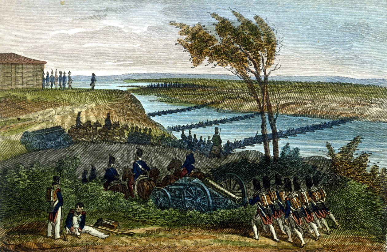 Napoleonic War: Russian Campaign. Passage of the River Niemen on 24/06/1812, Which Separates the Two Empires. Engraving of the 19th Century by Unknown artist