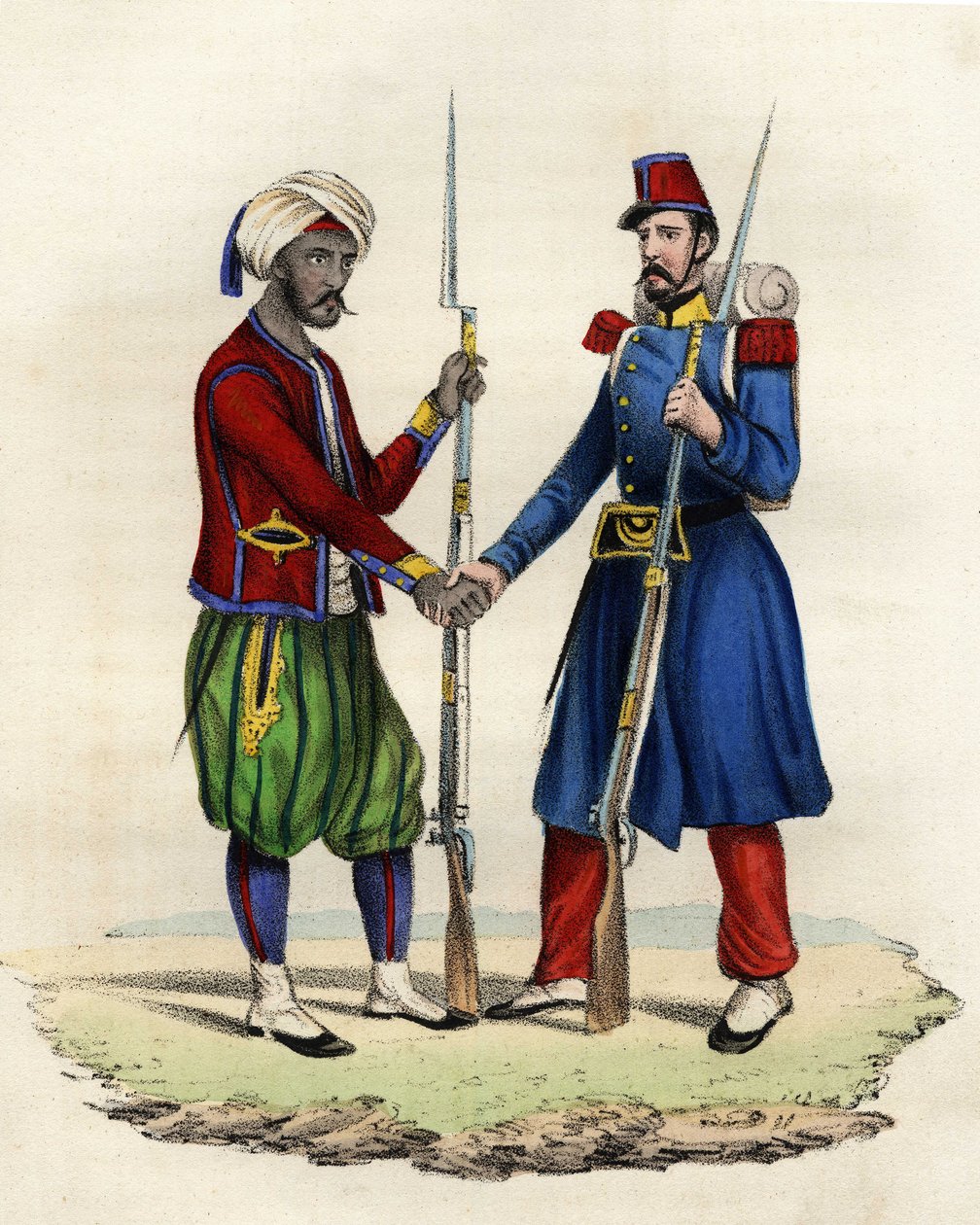 Native and French hunters of the French army of Africa in Algeria in 1830. In 